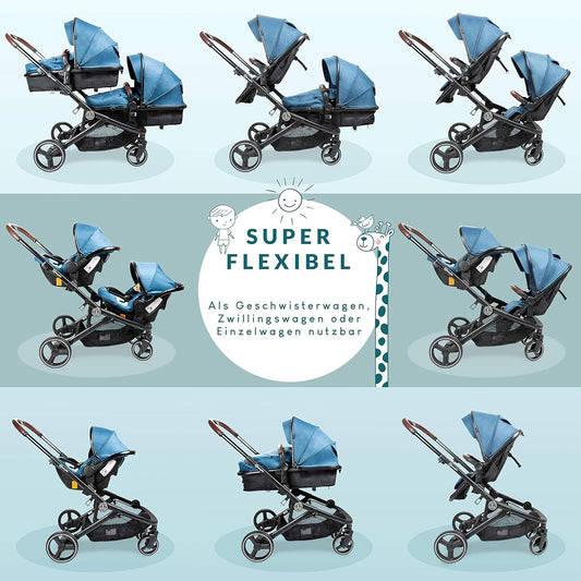 babyGO Kinderwagen 3 in 1 für Zwillinge - Geschwisterkinderwagen/Geschwisterwagen für Babys - Zwillingskinderwagen/Zwillingswagen für 2 Kinder mit viel Zubehör (Blau Melange-ohne Babyschale)