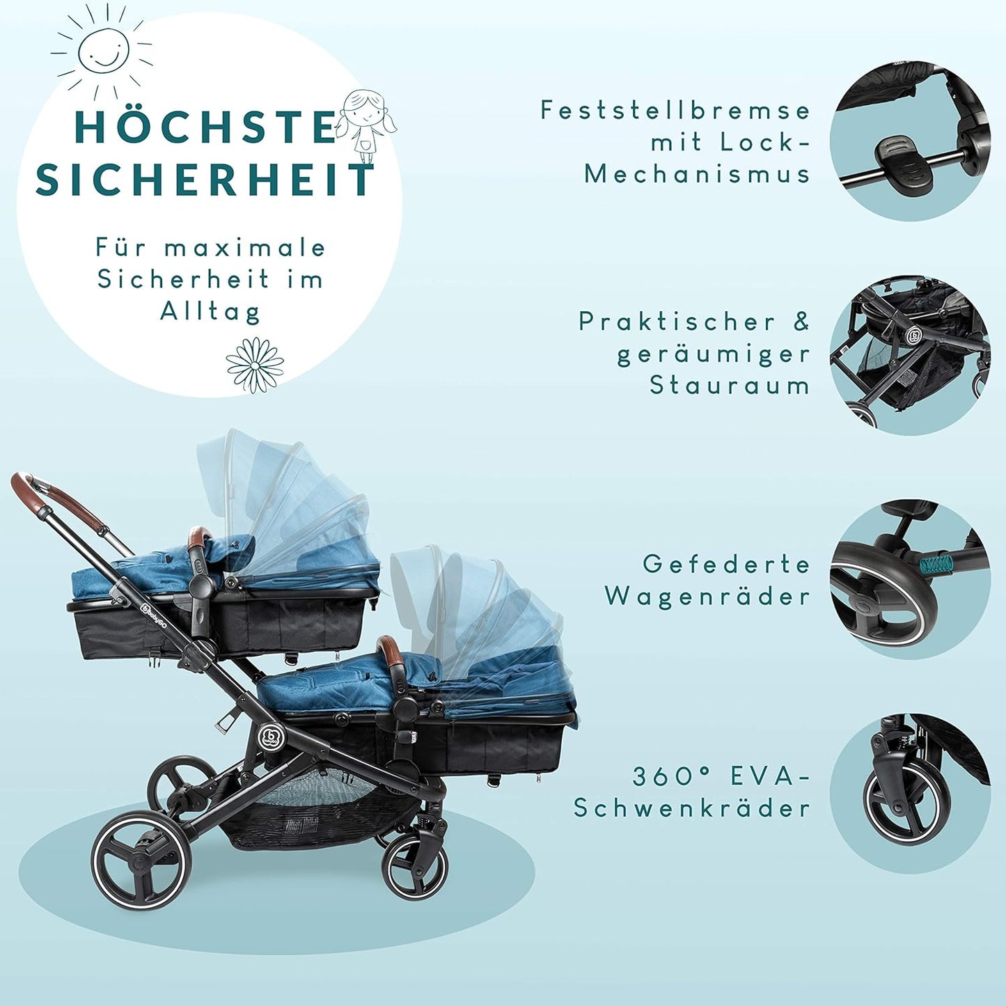babyGO Kinderwagen 3 in 1 für Zwillinge - Geschwisterkinderwagen/Geschwisterwagen für Babys - Zwillingskinderwagen/Zwillingswagen für 2 Kinder mit viel Zubehör (Blau Melange-ohne Babyschale)