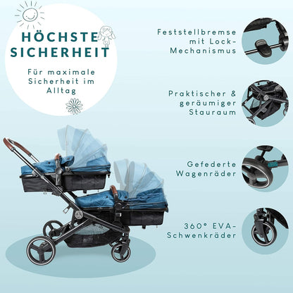 babyGO Kinderwagen 3 in 1 für Zwillinge - Geschwisterkinderwagen/Geschwisterwagen für Babys - Zwillingskinderwagen/Zwillingswagen für 2 Kinder mit viel Zubehör (Blau Melange-ohne Babyschale)