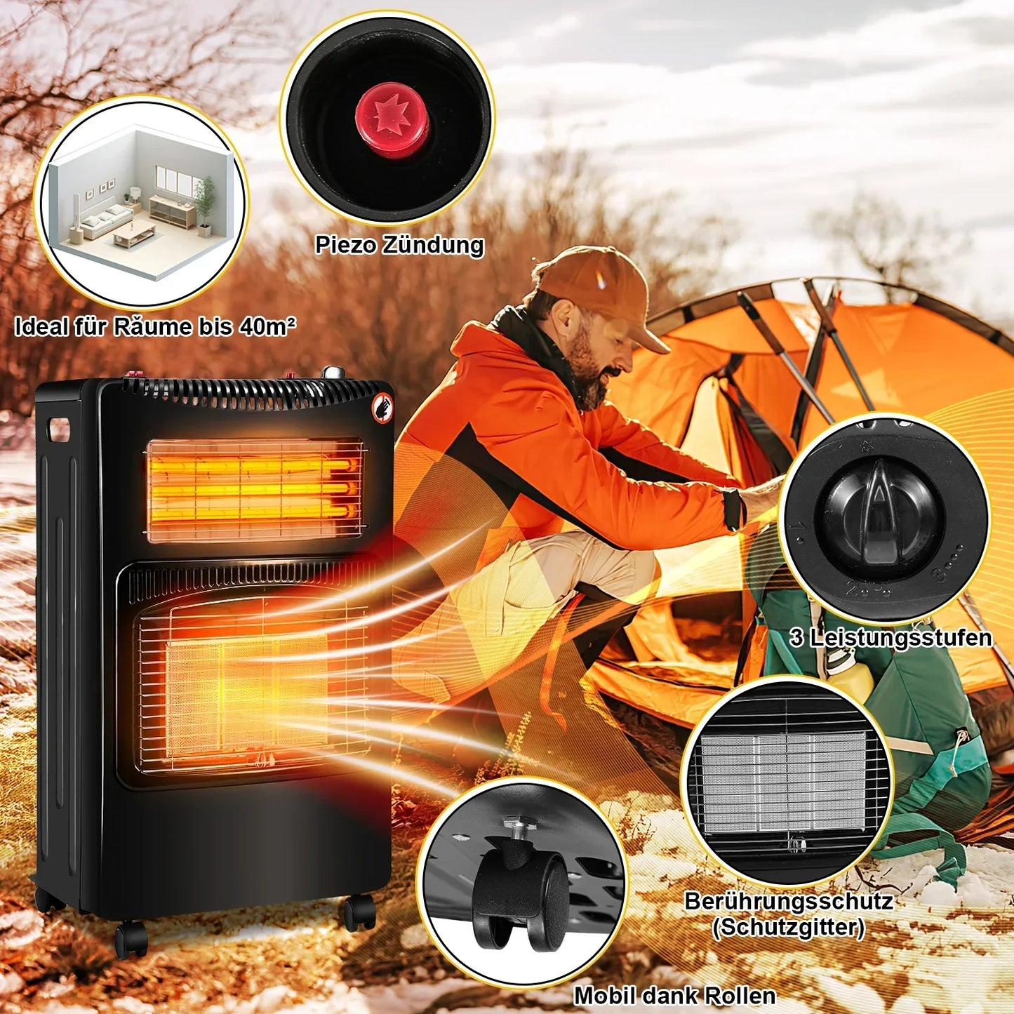 Sonnewelt Gasheizung 4200w und 1260w Gas-Elektro-Heizgert mit Gasdruckregler, Gasschlauch, Gasflaschen Adapter