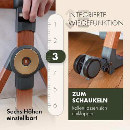 KUNU neues Baby-Beistellbett - Von Eltern für Eltern - Skandinavisches Design - Rollbar & Wiegefunktion - Höhenverstellbar - Babyoptimierte Matratze - inkl. Reisetasche