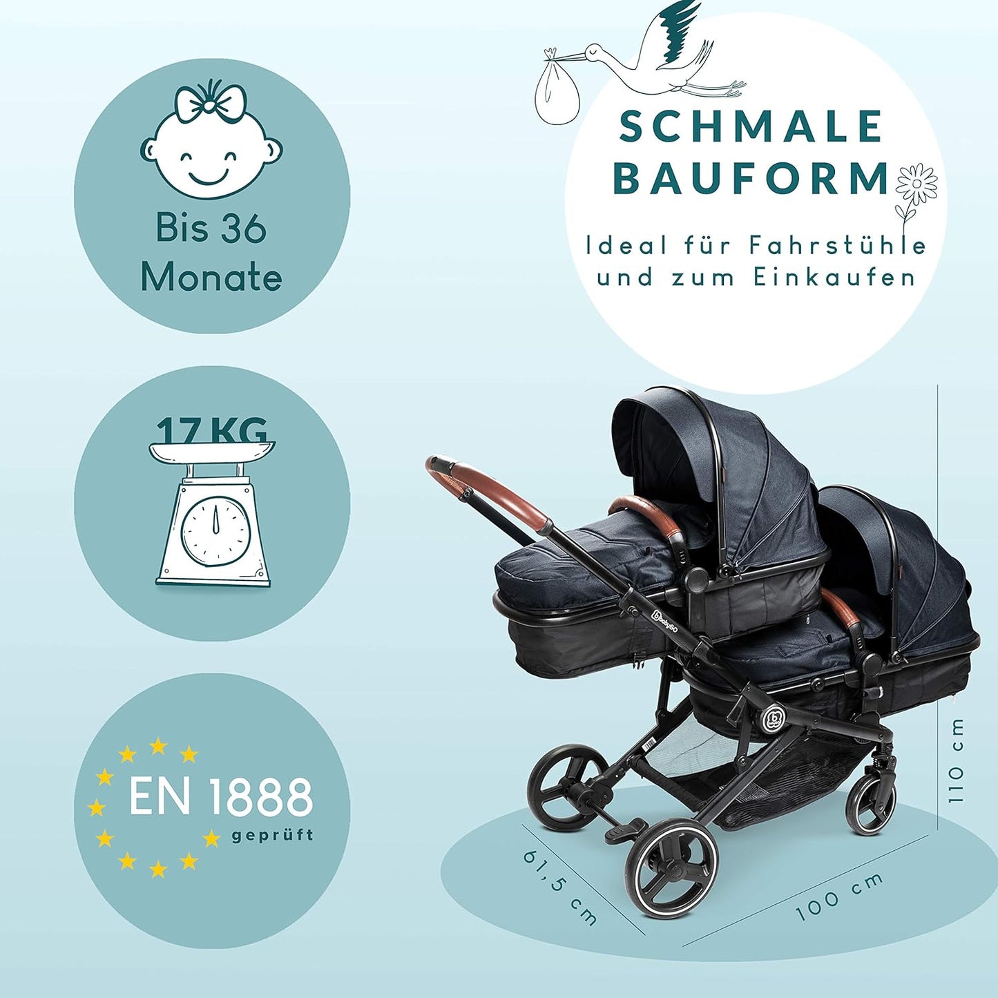babyGO Kinderwagen 3 in 1 für Zwillinge - Geschwisterkinderwagen/Geschwisterwagen für Babys - Zwillingskinderwagen/Zwillingswagen für 2 Kinder mit viel Zubehör (Blau Melange-ohne Babyschale)