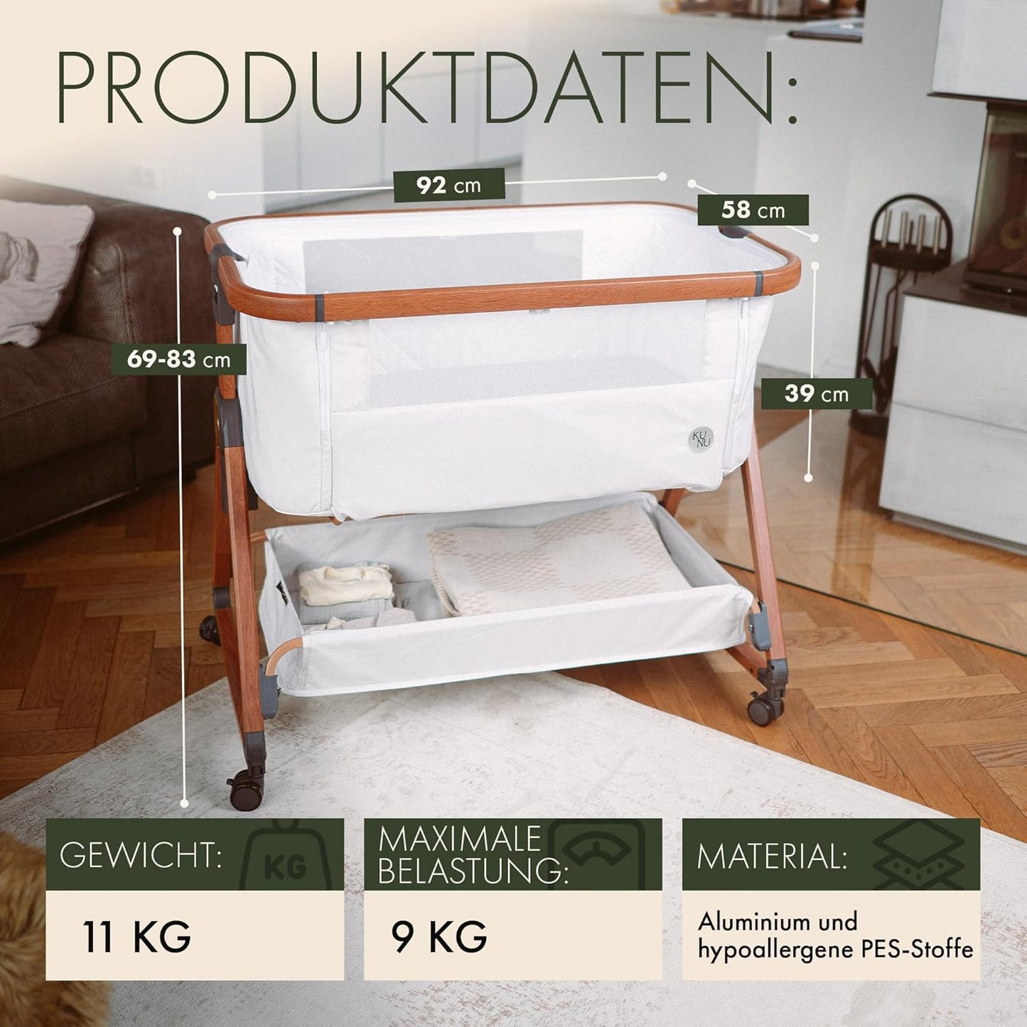 KUNU neues Baby-Beistellbett - Von Eltern für Eltern - Skandinavisches Design - Rollbar & Wiegefunktion - Höhenverstellbar - Babyoptimierte Matratze - inkl. Reisetasche