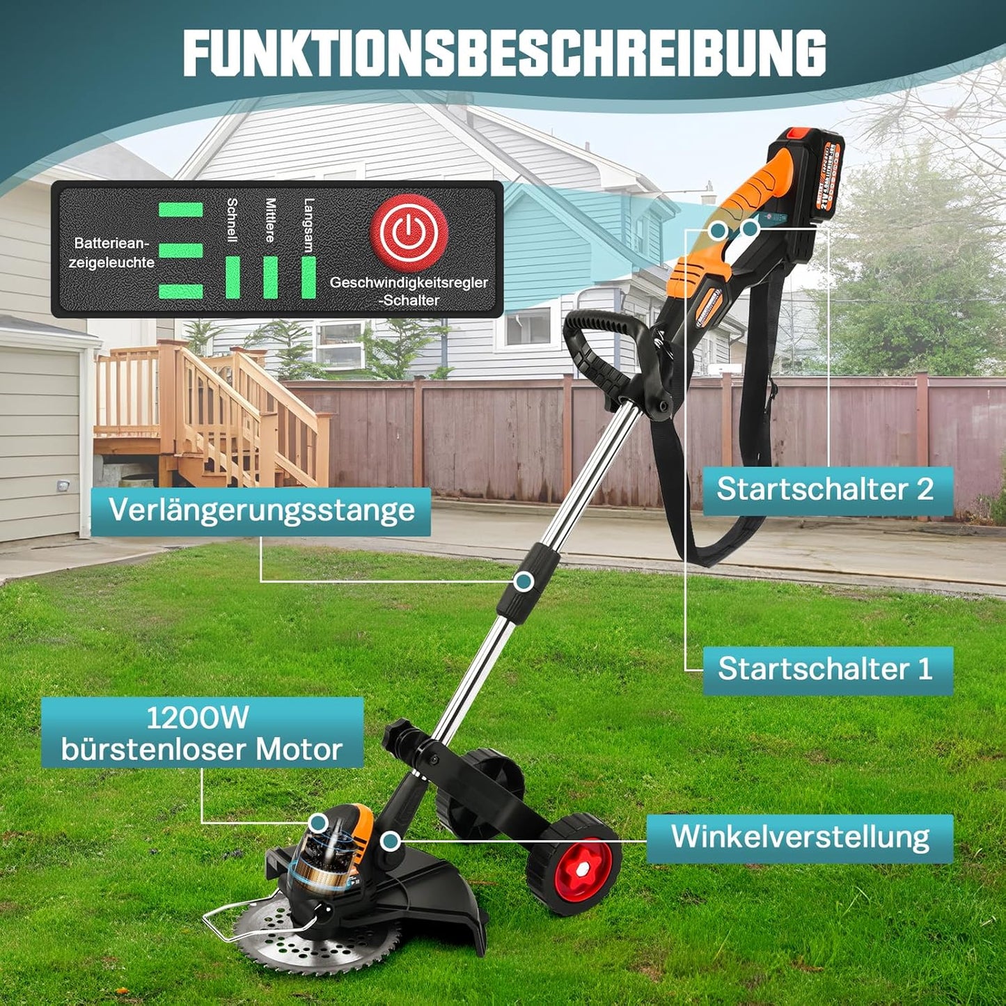 1200W Akku Rasentrimmer Kompatibel mit Makita-Akkus, 5-IN-1 Bürstenloser Elektrische Motorsense mit 3-Stufen-Geschwindigkeitsregelung, Freischneider Akku mit 5 Klingentypen und Unkrautbürste