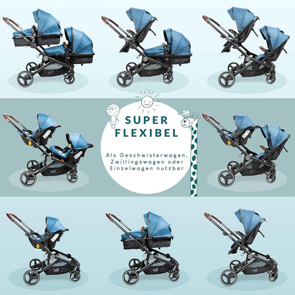 babyGO Kinderwagen 3 in 1 für Zwillinge - Geschwisterkinderwagen/Geschwisterwagen für Babys - Zwillingskinderwagen/Zwillingswagen für 2 Kinder mit viel Zubehör (Blau Melange-ohne Babyschale)