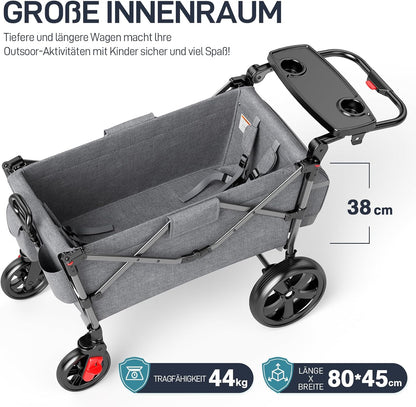 EVER ADVANCED Bollerwagen für 2 Kinder Faltbar mit Dach, Kinderwagen 2x5 Punkt Sicherheitsgurt mit Wickelrucksack, Bollerwagen mit Sitz, Handwagen Transportwagen, Ziehen & Schieben, Fußbremse