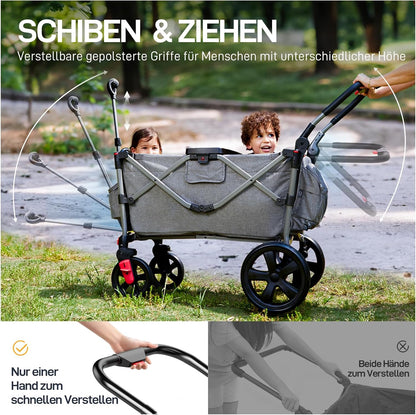 EVER ADVANCED Bollerwagen für 2 Kinder Faltbar mit Dach, Kinderwagen 2x5 Punkt Sicherheitsgurt mit Wickelrucksack, Bollerwagen mit Sitz, Handwagen Transportwagen, Ziehen & Schieben, Fußbremse
