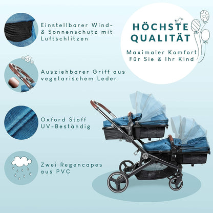 babyGO Kinderwagen 3 in 1 für Zwillinge - Geschwisterkinderwagen/Geschwisterwagen für Babys - Zwillingskinderwagen/Zwillingswagen für 2 Kinder mit viel Zubehör (Blau Melange-ohne Babyschale)
