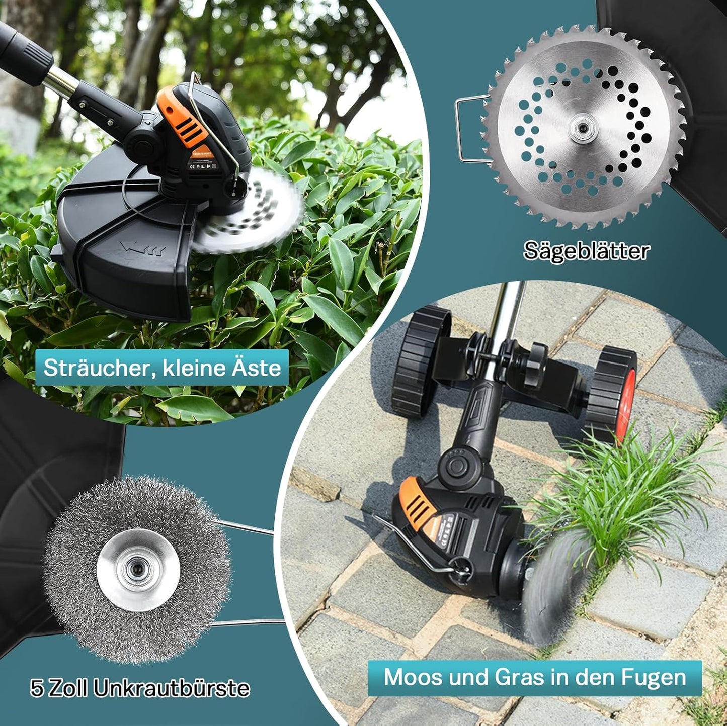 1200W Akku Rasentrimmer Kompatibel mit Makita-Akkus, 5-IN-1 Bürstenloser Elektrische Motorsense mit 3-Stufen-Geschwindigkeitsregelung, Freischneider Akku mit 5 Klingentypen und Unkrautbürste