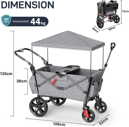 EVER ADVANCED Bollerwagen für 2 Kinder Faltbar mit Dach, Kinderwagen 2x5 Punkt Sicherheitsgurt mit Wickelrucksack, Bollerwagen mit Sitz, Handwagen Transportwagen, Ziehen & Schieben, Fußbremse