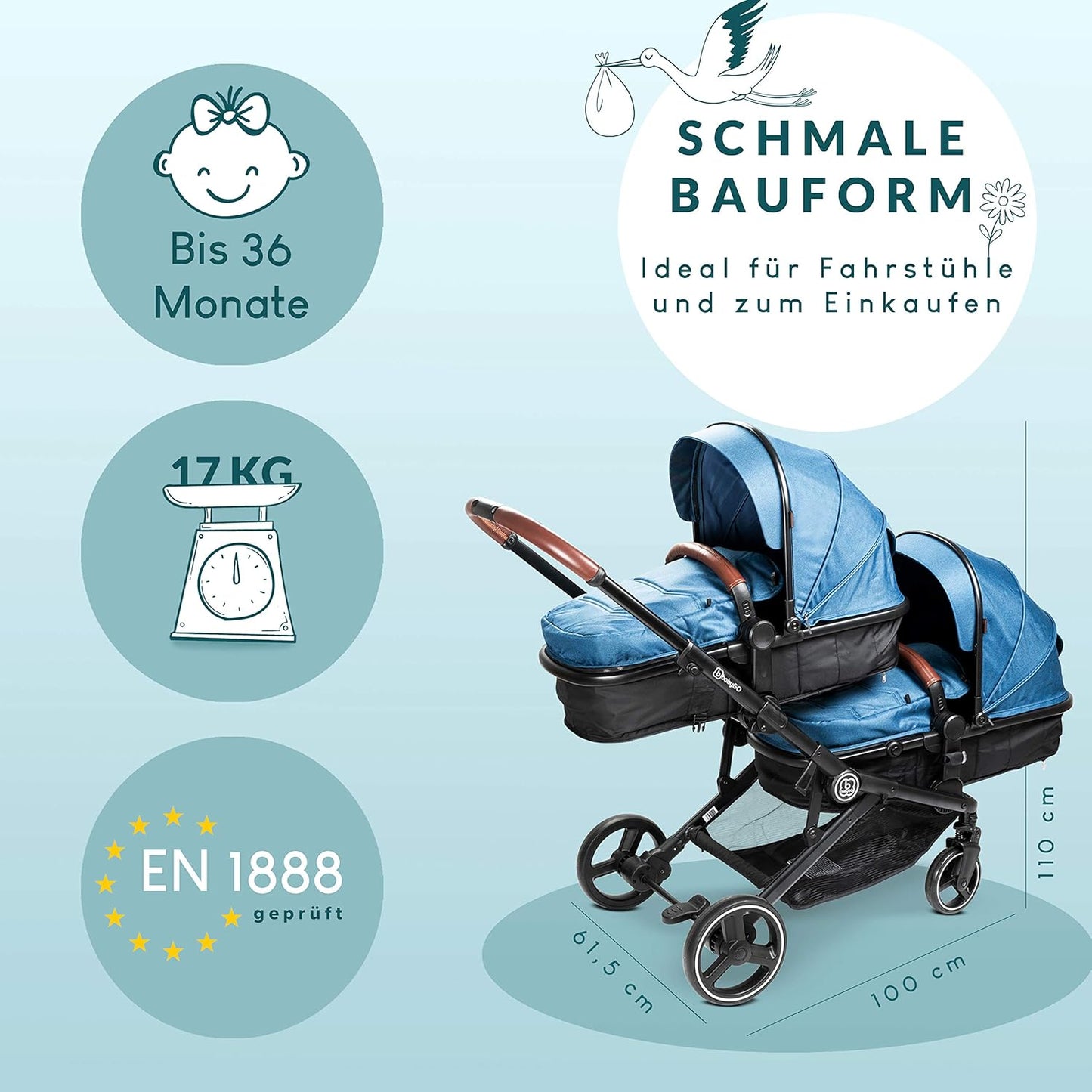 babyGO Kinderwagen 3 in 1 für Zwillinge - Geschwisterkinderwagen/Geschwisterwagen für Babys - Zwillingskinderwagen/Zwillingswagen für 2 Kinder mit viel Zubehör (Blau Melange-ohne Babyschale)