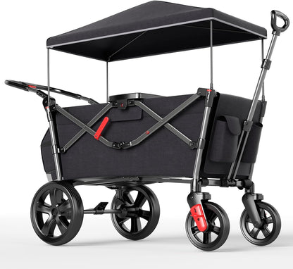 EVER ADVANCED Bollerwagen für 2 Kinder Faltbar mit Dach, Kinderwagen 2x5 Punkt Sicherheitsgurt mit Wickelrucksack, Bollerwagen mit Sitz, Handwagen Transportwagen, Ziehen & Schieben, Fußbremse